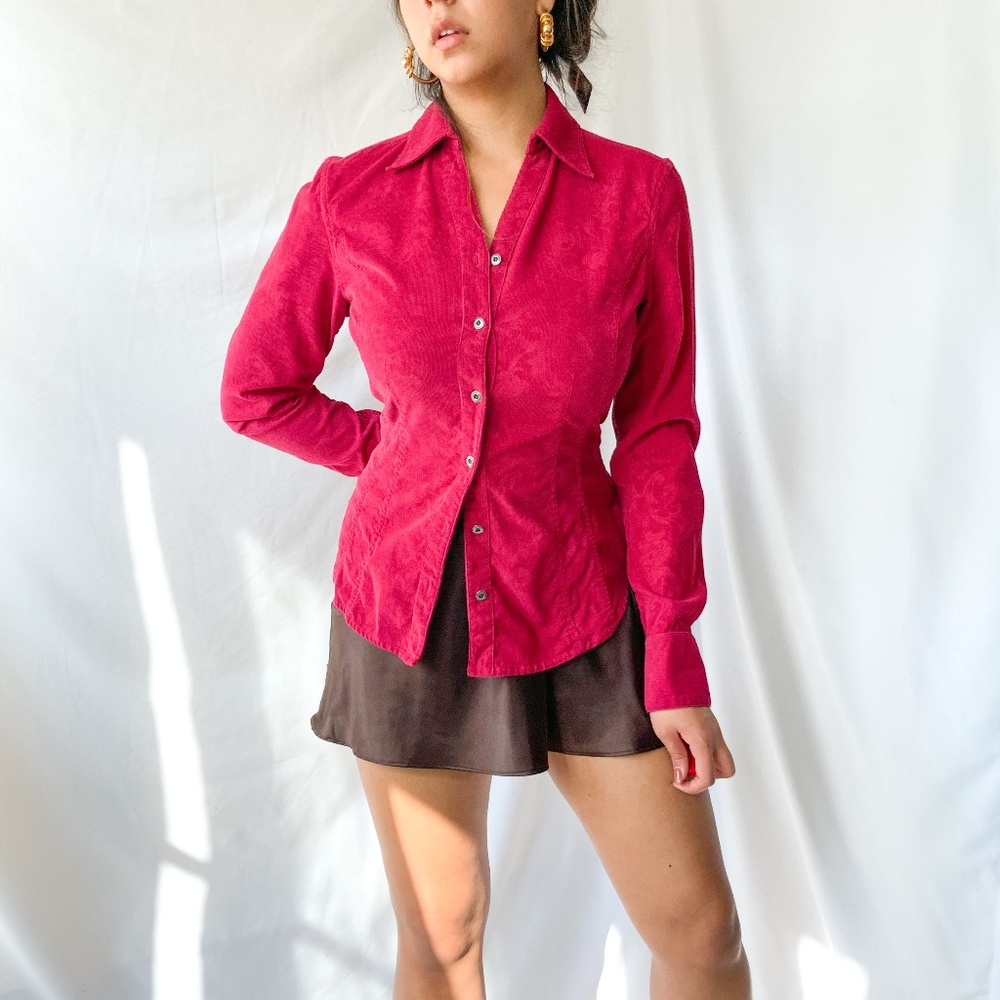 Corduroy fuchsia ornate florish pattern button down long sleeve